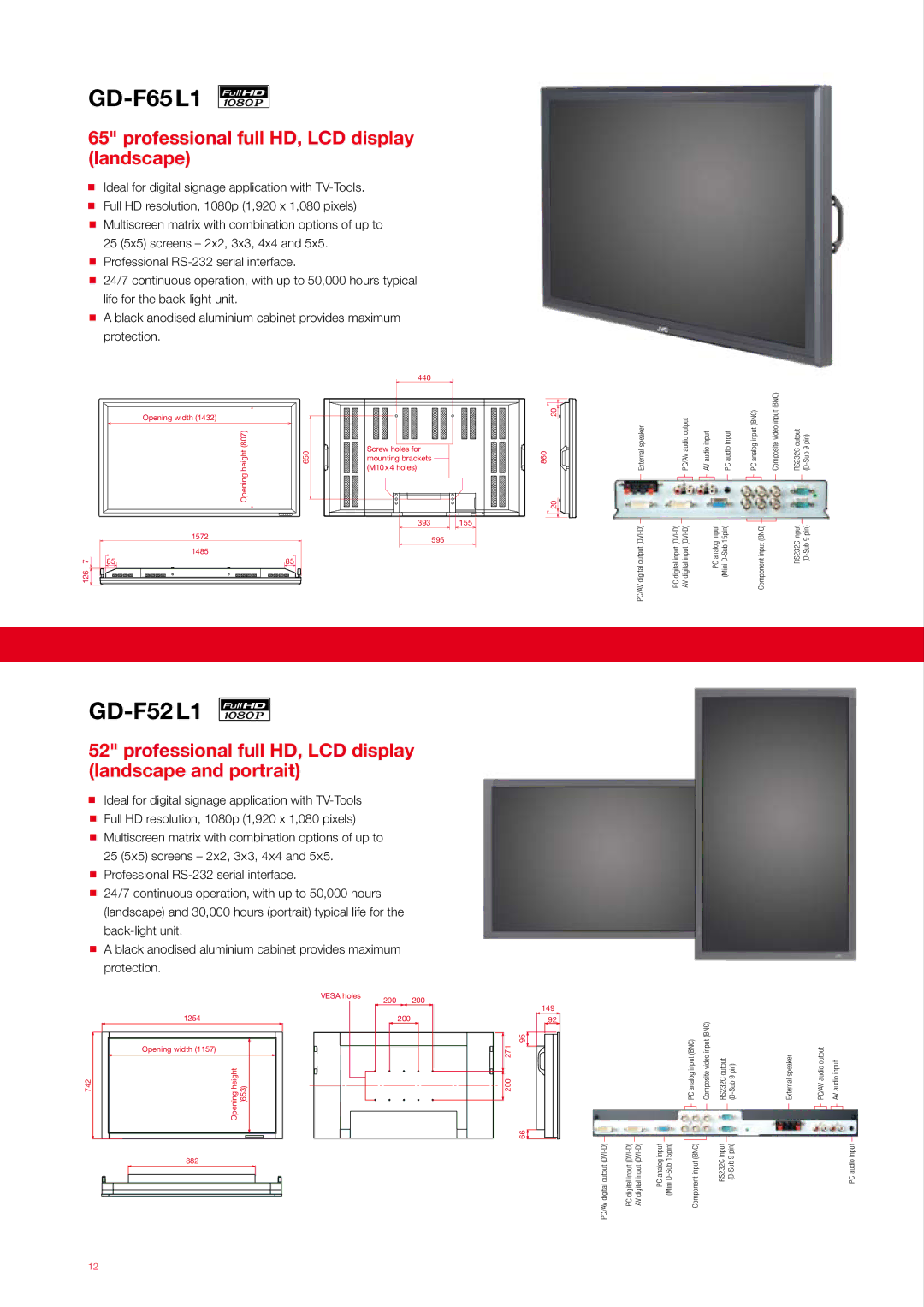 JVC GD-F52L1, CO-46LCD-BD, GD-F65L1, GD-F46L1, GM-H40L2 GD-F65 L1, GD-F52 L1, Professional full HD, LCD display landscape 